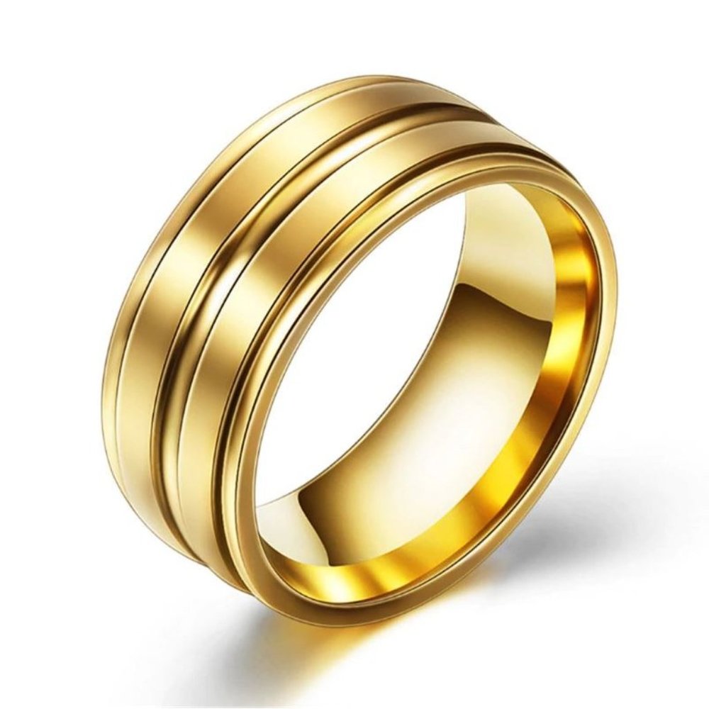 Trendy Gold Stainless Steel Grooved 8mm Ring